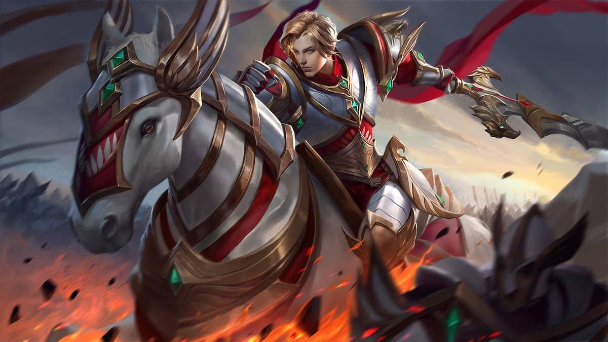 Leomord MLBB hero splash art on horseback in Mobile Legends