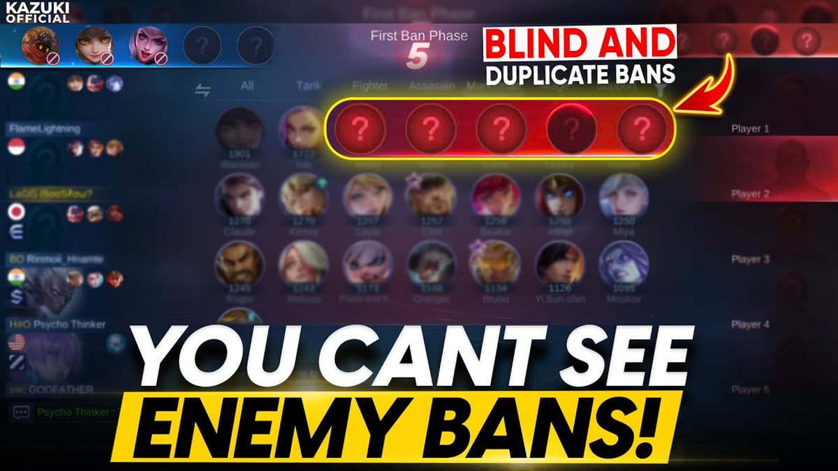 MLBB 10-ban ranked draft pick system showing hero ban and selection interface