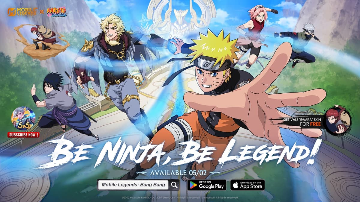 MLBB x Naruto Phase 1 official splash art with Lukas as Naruto, Suyou as Sasuke, and other collab heroes