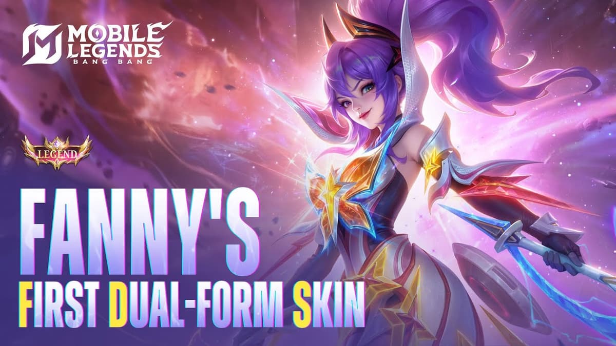 Fanny Galactic Starhawk Legend skin MLBB showcase with cosmic galaxy dual-form design