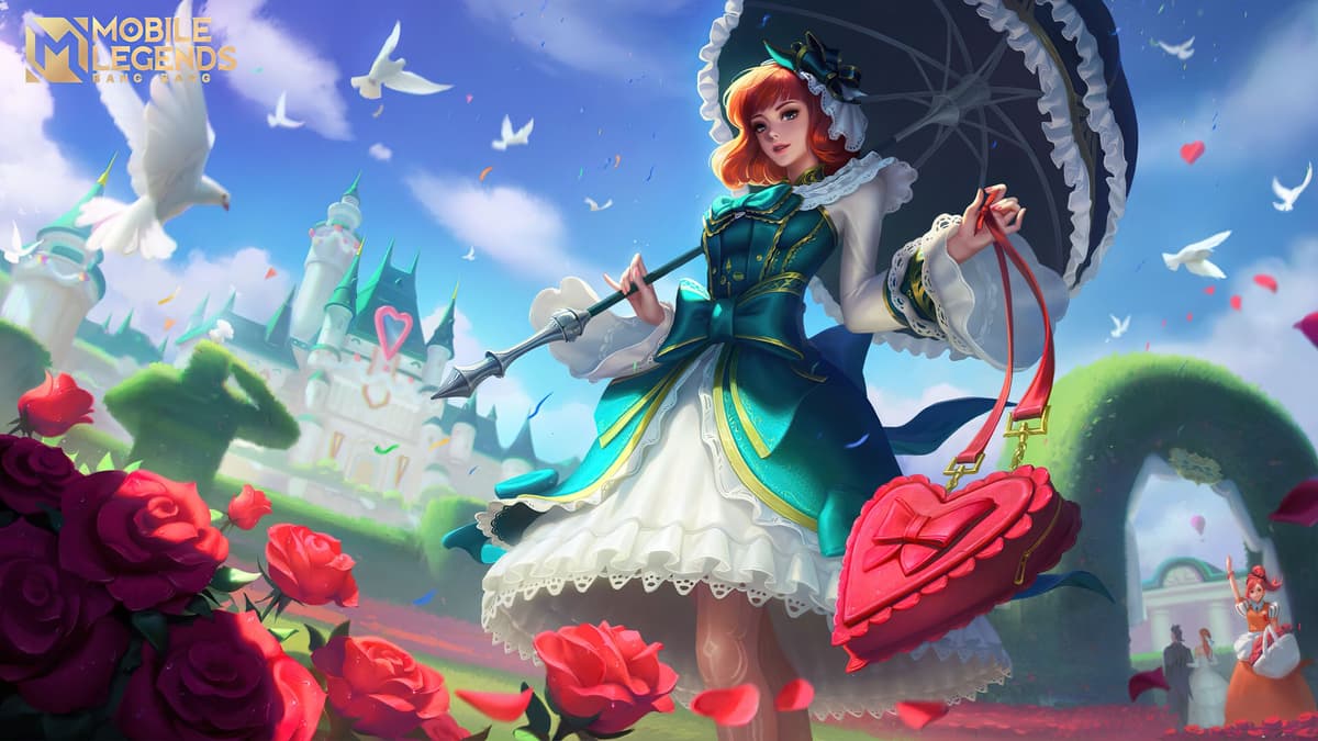 Kagura Rose Garden skin splash art in MLBB showing the hero in elegant pink attire