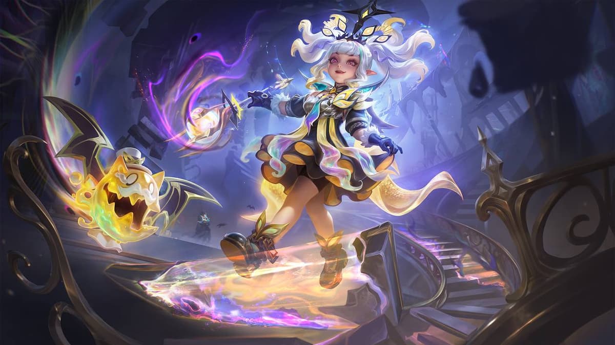 Lylia Phantasmal Revelry Covenant skin splash art showing Lylia and Gloom in a magical fantasy costume with purple and gold effects