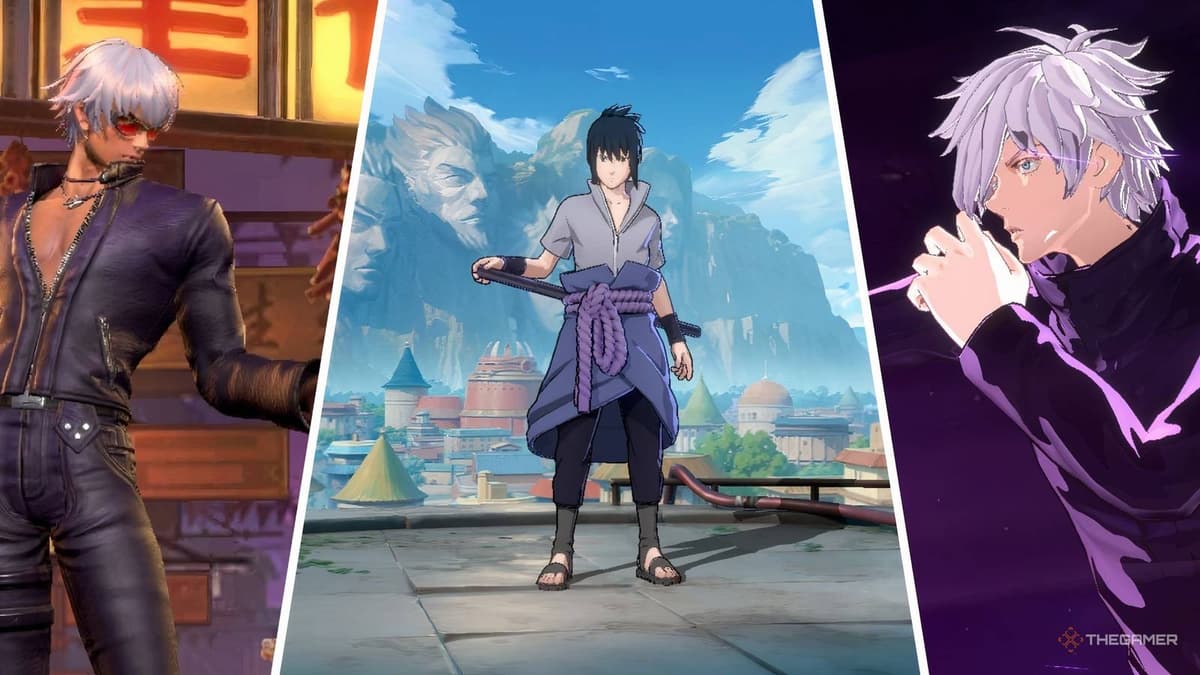K' from King of Fighters, Sasuke Uchiha from Naruto, and Satoru Gojo from Jujutsu Kaisen as MLBB collab skins split image