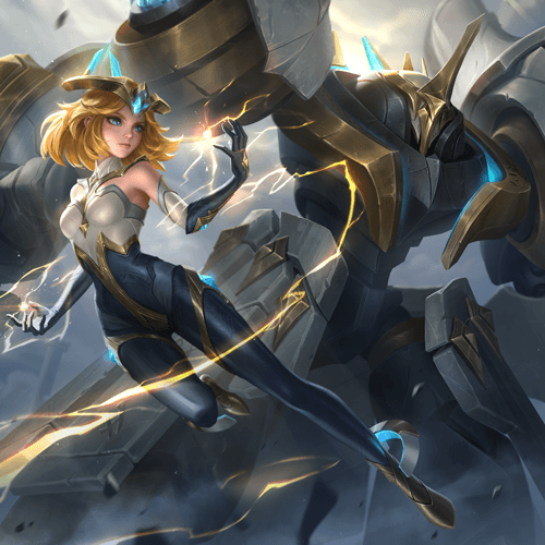 Edith splash art from Mobile Legends showing her armored Phylax form
