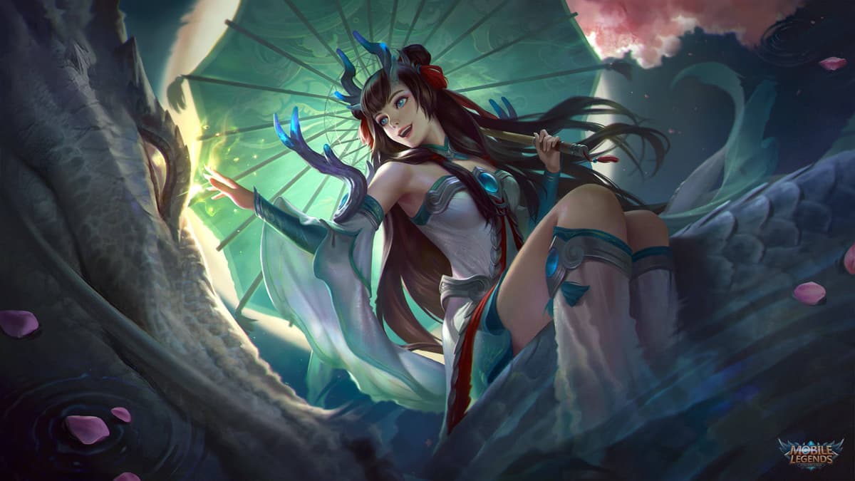 Kagura MLBB skin splash art with umbrella and dragon motif, wide wallpaper