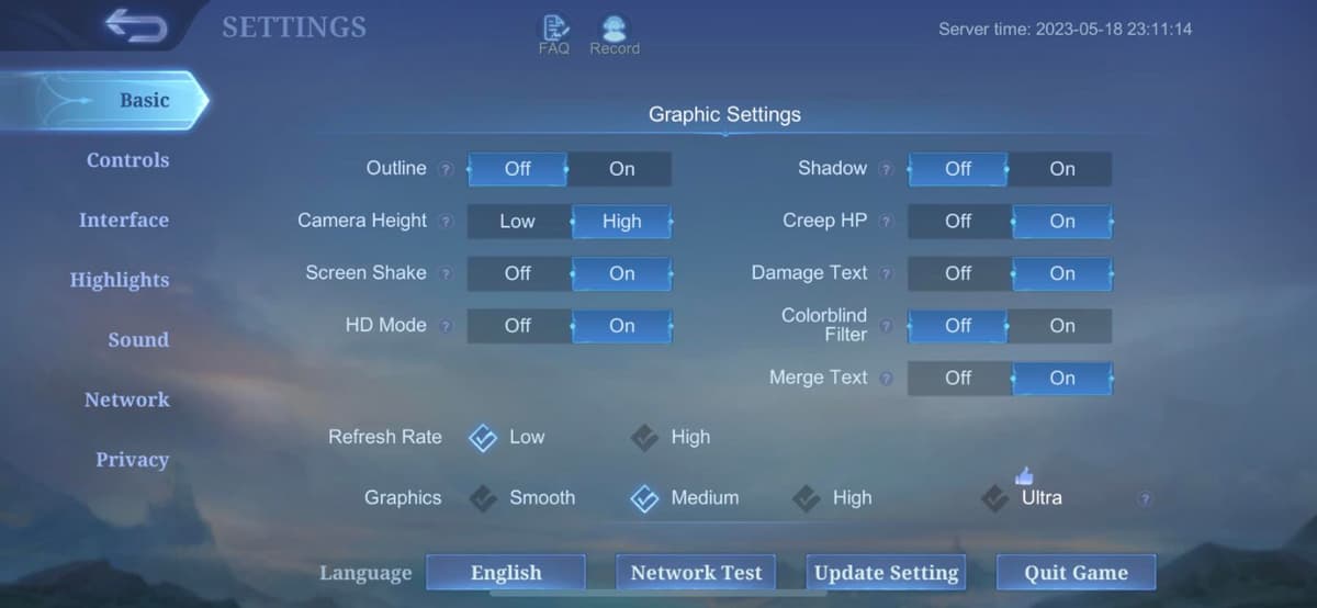 MLBB basic settings menu screen showing graphics and display options