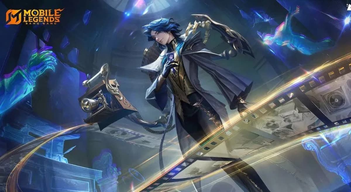 Marcel the Soul Photographer MLBB hero splash art with Clemar camera and dark magic effects