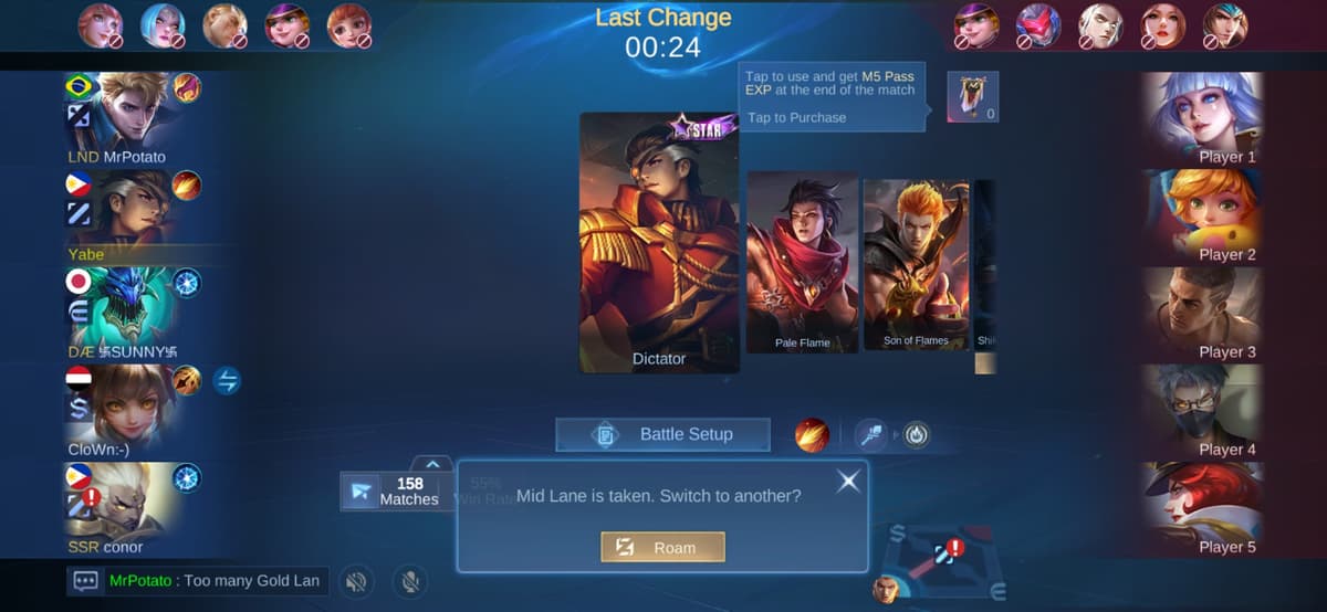 MLBB 10-ban draft pick interface showing hero selection and ban phase in ranked mode