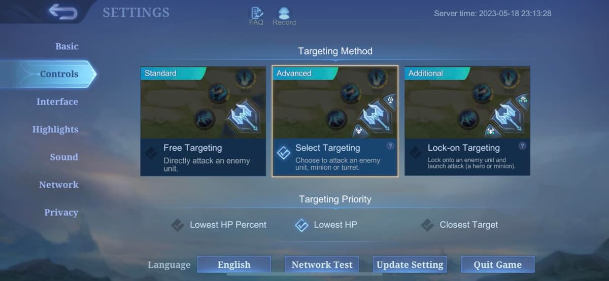 MLBB control settings screen showing targeting and joystick options
