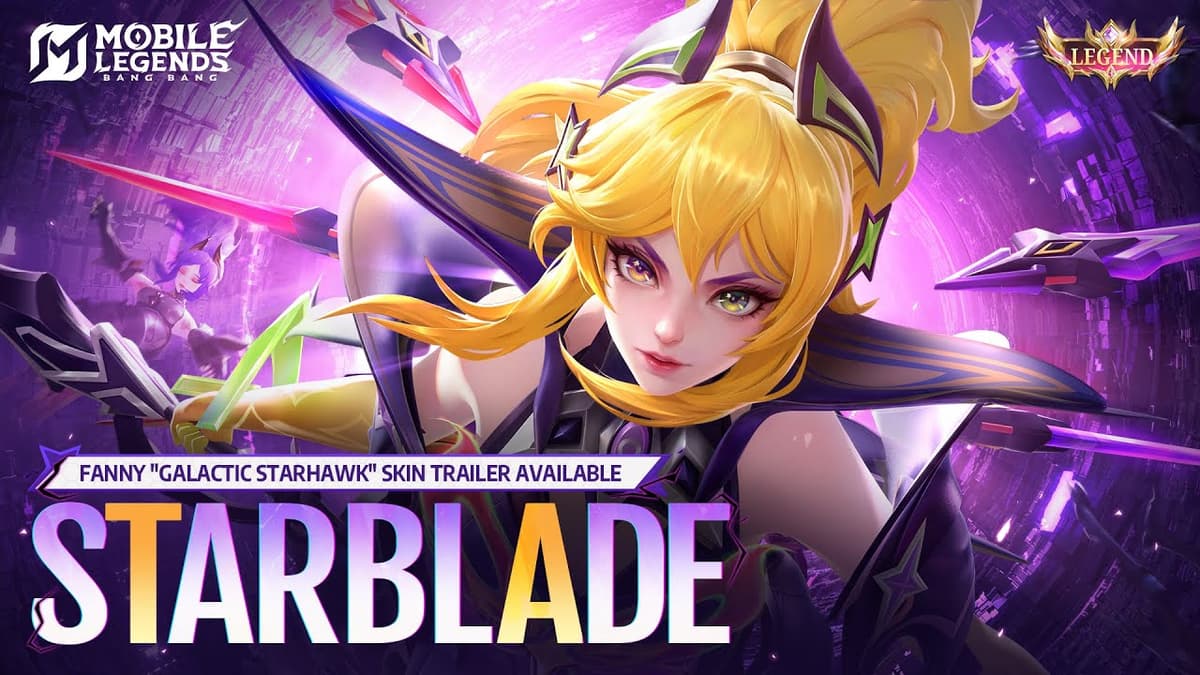 Fanny Galactic Starhawk MLBB Legend skin official trailer splash art showing Fanny in her cosmic armor with glowing cables