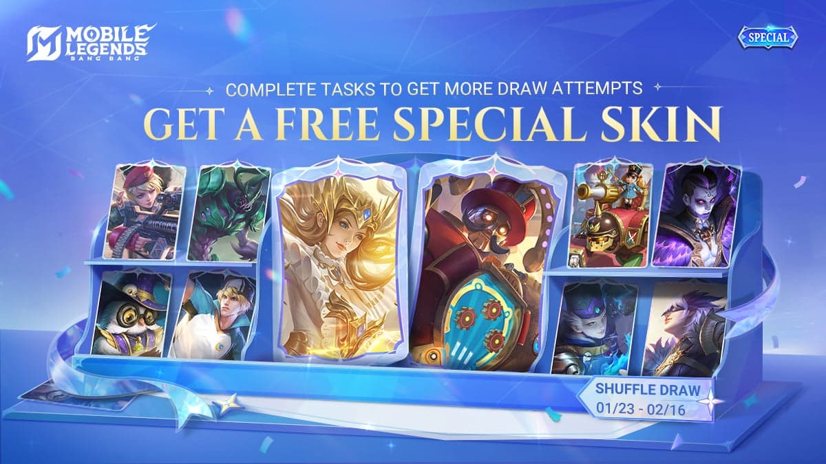 MLBB Shuffle Draw event guide showing guaranteed skin draw milestones and voucher system