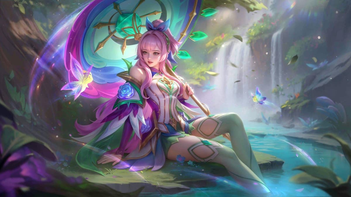 Kagura MLBB epic skin splash art with umbrella magic effects
