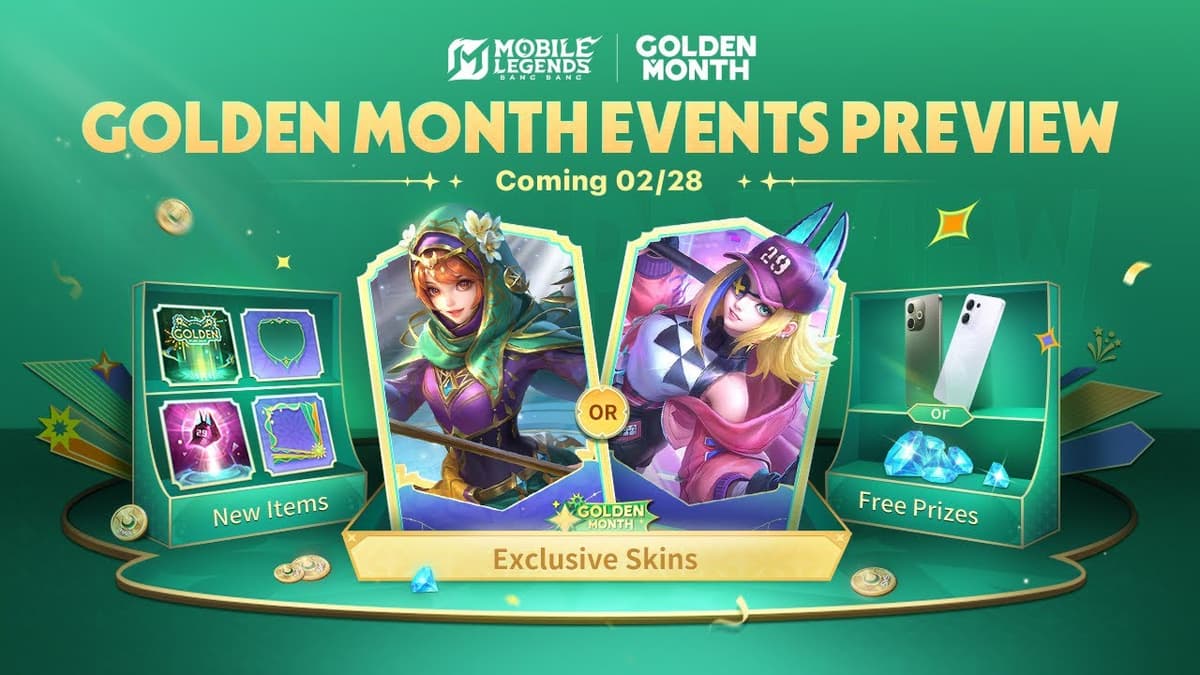 MLBB Golden Month 2026 event splash screen with crescent moon and golden rewards banner