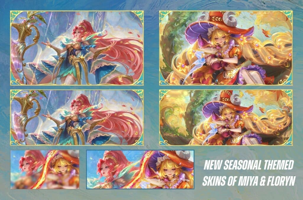 Miya Arrow of Spring and Floryn Herald of Autumn Eternal Seasons series skin artwork side by side in MLBB