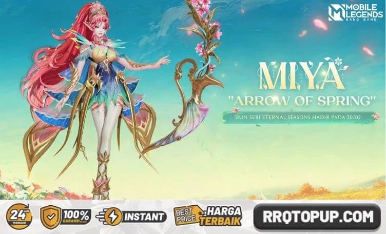 Miya "Arrow of Spring" Eternal Season skin in MLBB showing floral particles and green royal dress