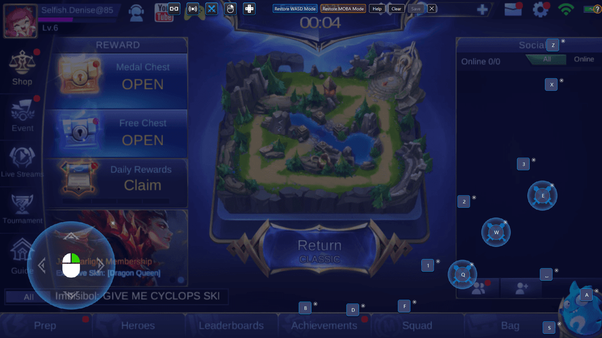 Mobile Legends keybinding configuration panel in BlueStacks emulator