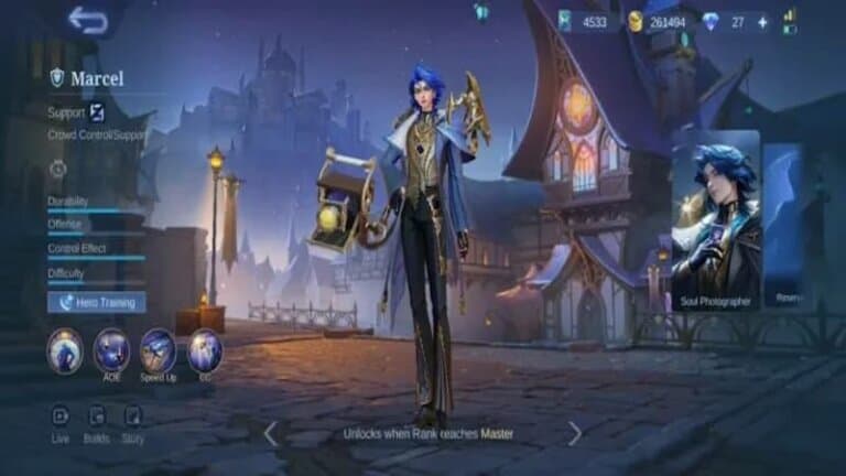 Marcel the Soul Photographer hero overview screenshot from MLBB Advance Server