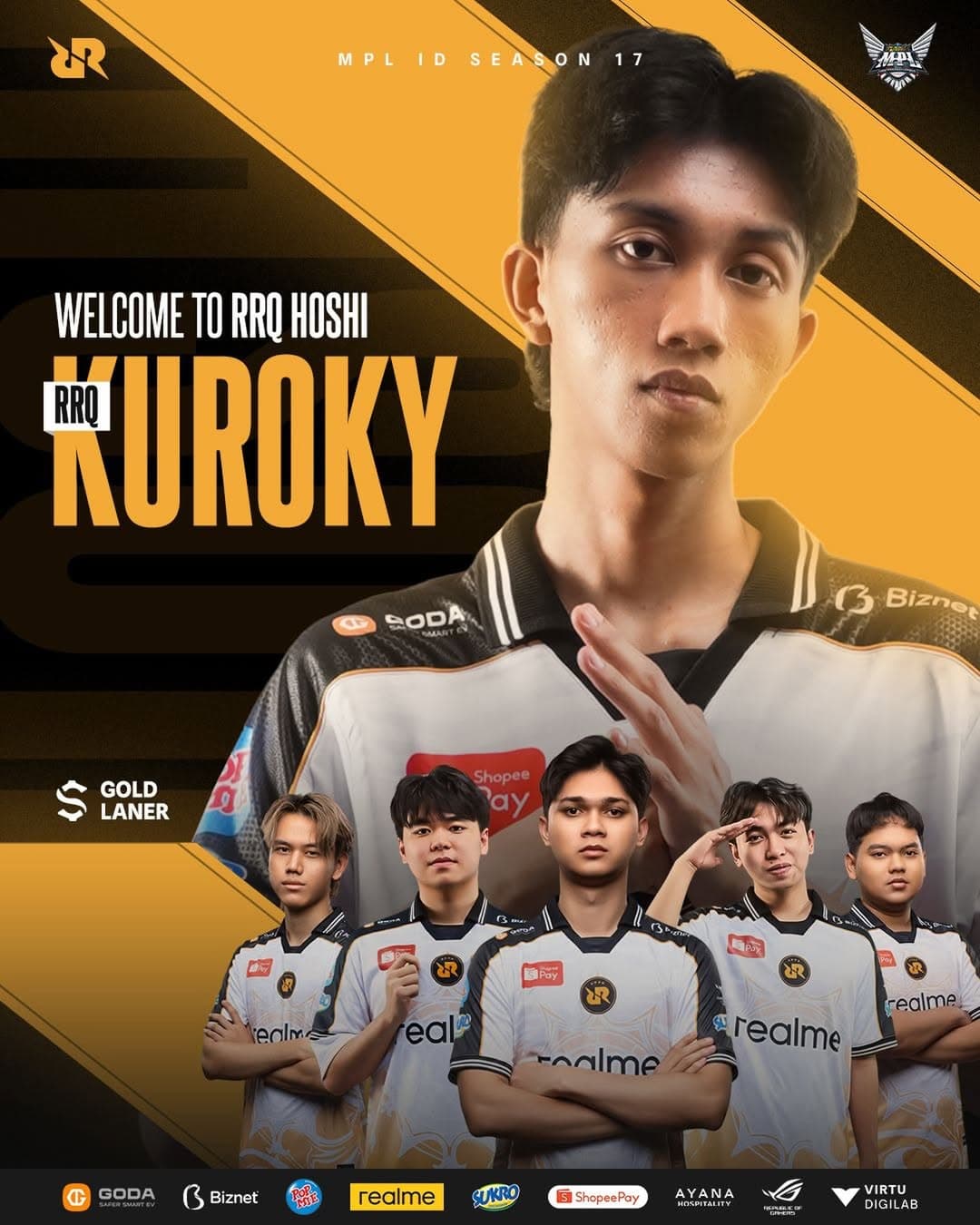 RRQ Hoshi MPL ID Season 17 players posing together in team jerseys