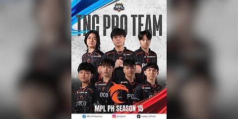 TNC Pro Team Season 15 MPL PH roster promotional banner featuring players in orange jerseys