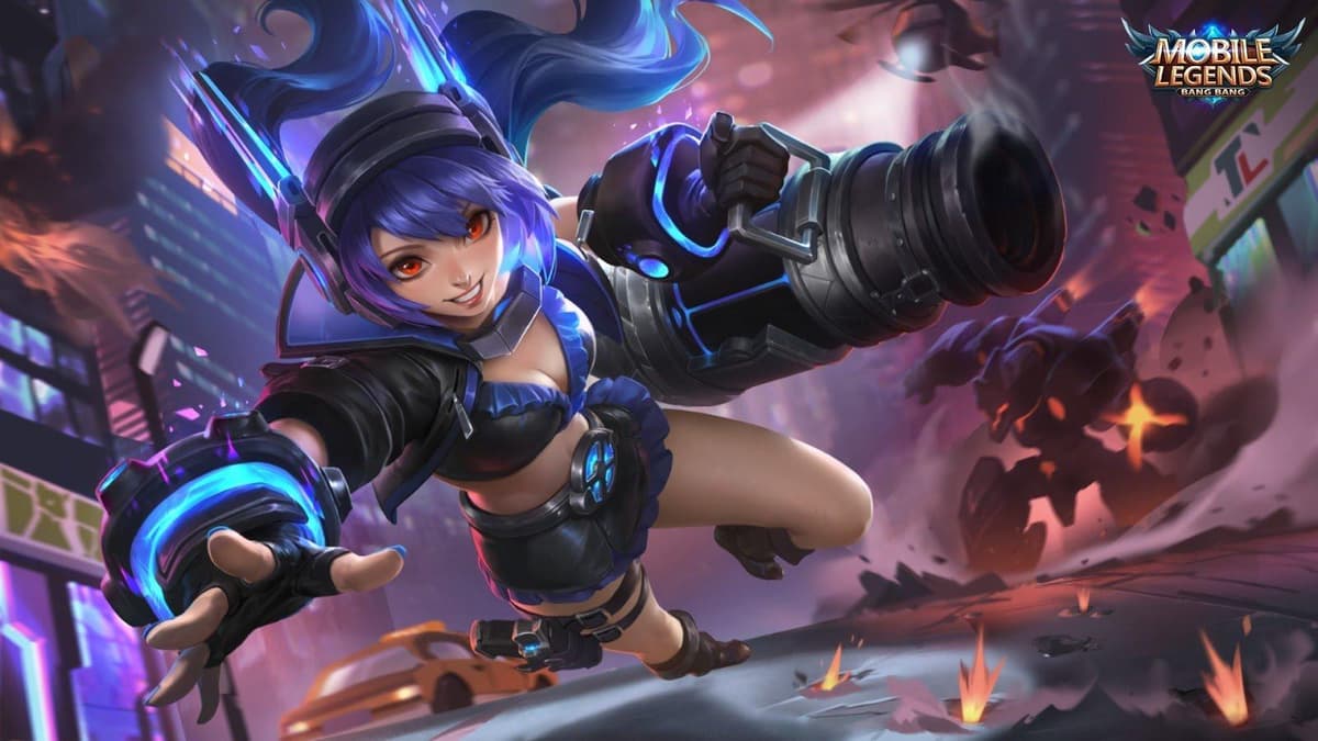 Layla MLBB skin splash art wallpaper showing the Energy Gunner in action