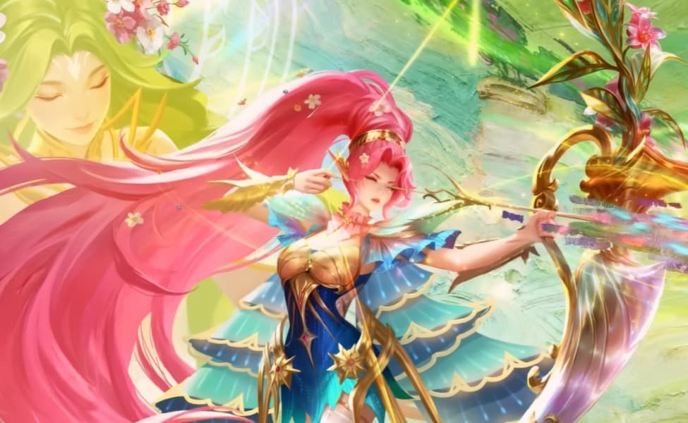 Miya Arrow of Spring Eternal Season skin in MLBB with floral green and gold effects