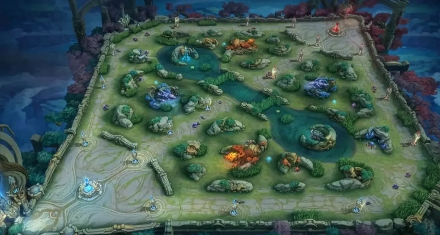 Mobile Legends game map showing gold lane, EXP lane, mid lane, jungle areas, and objectives
